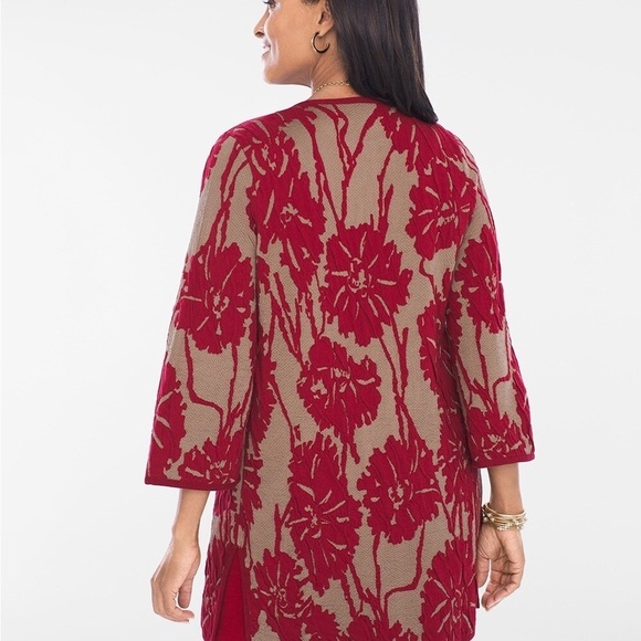 Chico’s Travelers Collection Exploded Floral Jacket Sz 2/L/12 Red Tan Open - Picture 6 of 10